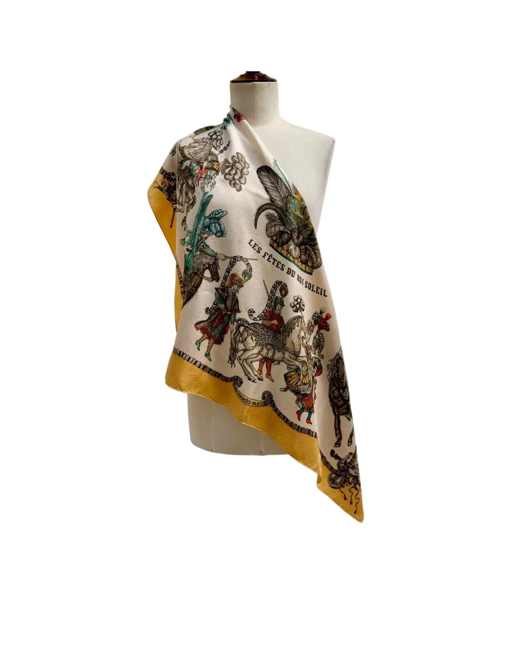Hermès Les Fêtes du Roi Soleil Carré 90 Silk Scarf Yellow Ivory by Loïc Dubigeon