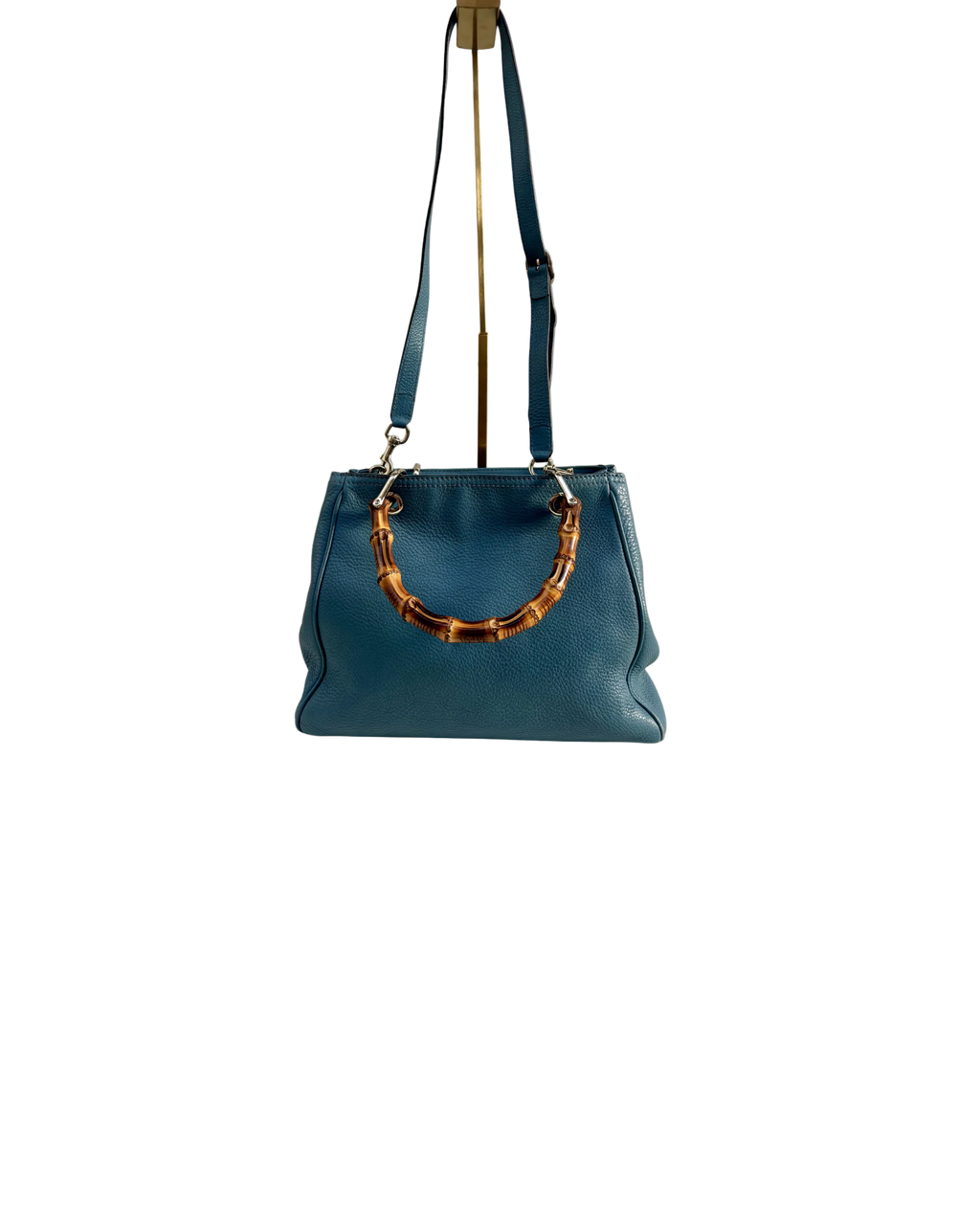 Gucci Bamboo Leather Top Handle Bag Blue Vintage Bamboo Crossbody