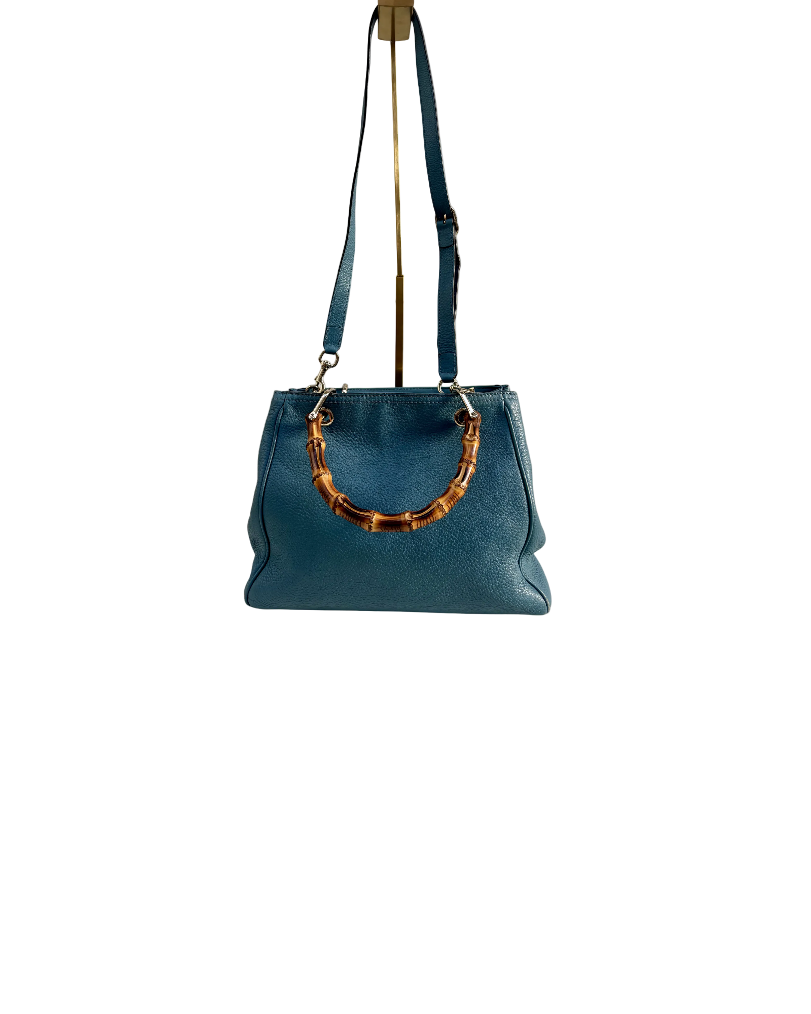 Gucci Bamboo Leather Top Handle Bag Blue Vintage Bamboo Crossbody