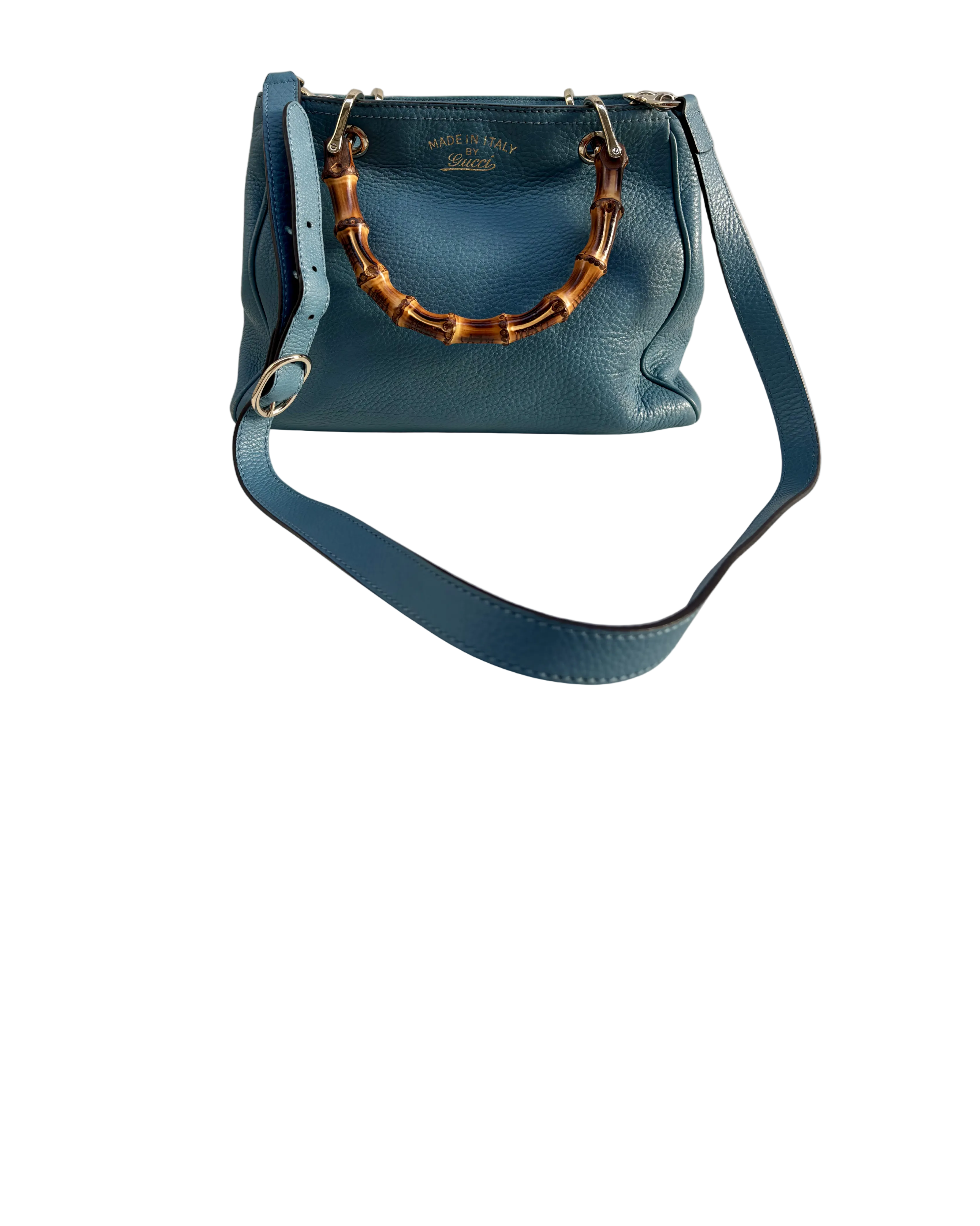 Gucci Bamboo Leather Top Handle Bag Blue Vintage Bamboo Crossbody